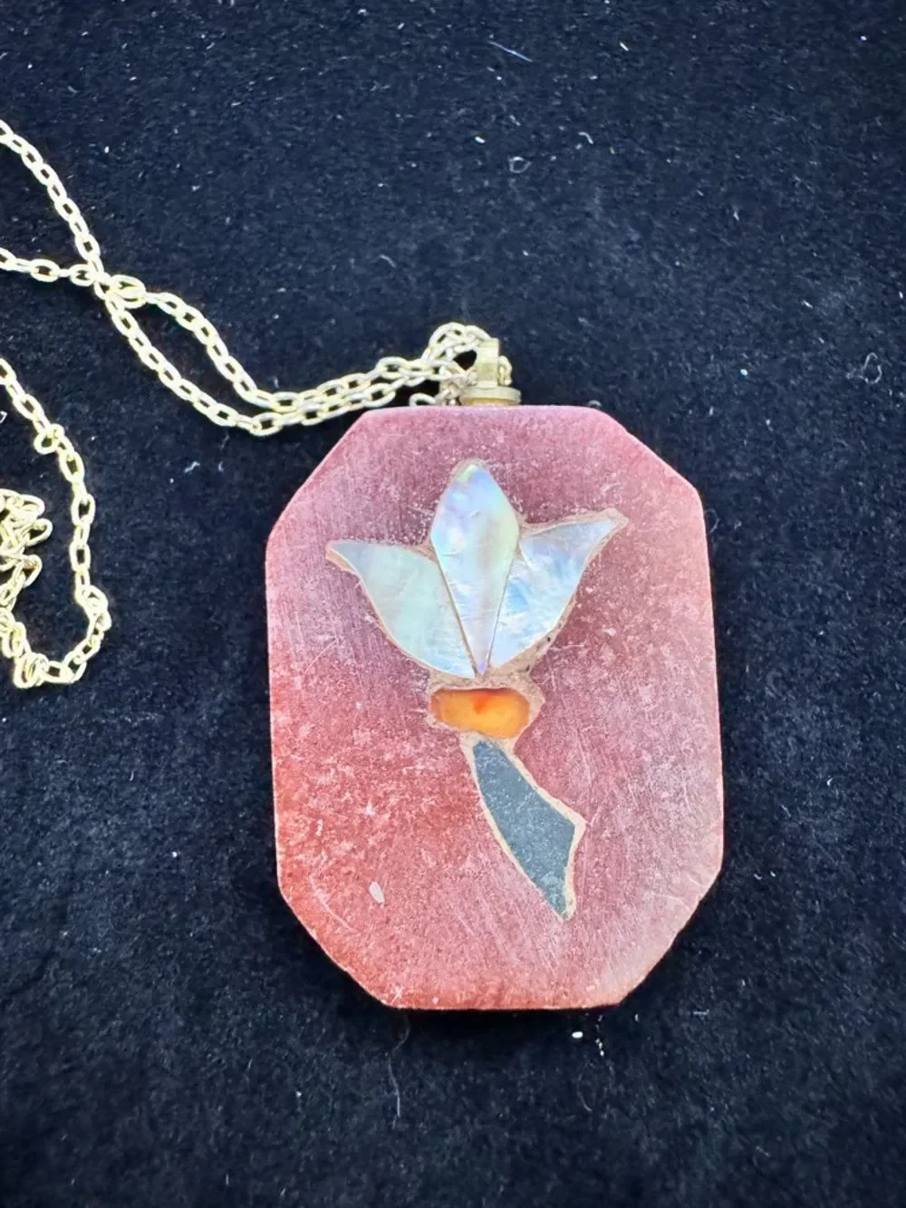 Vintage Soap Stone Carved Pendant Floral Design Mother of Pearl Inlay Necklace